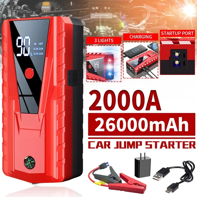 26000mAh 2000A Portable Auto Jump Starter Power Bank Starting Device for 12V 6L Emergency Car Battery Booster Charger