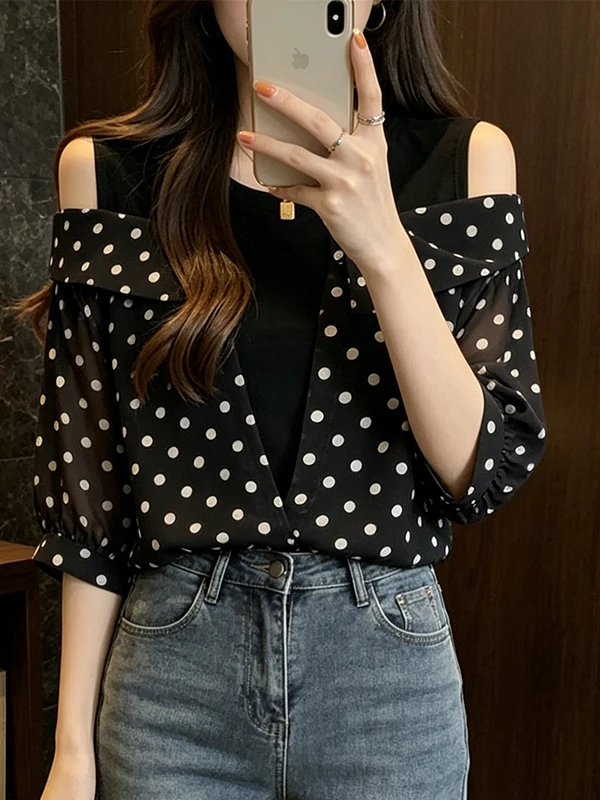 

Summer 2026 plus Size Women's Shirt Polka Dot Splice Short Sleeve Shoulder Bared Versatile Korean Style Commute Breathable Sk...