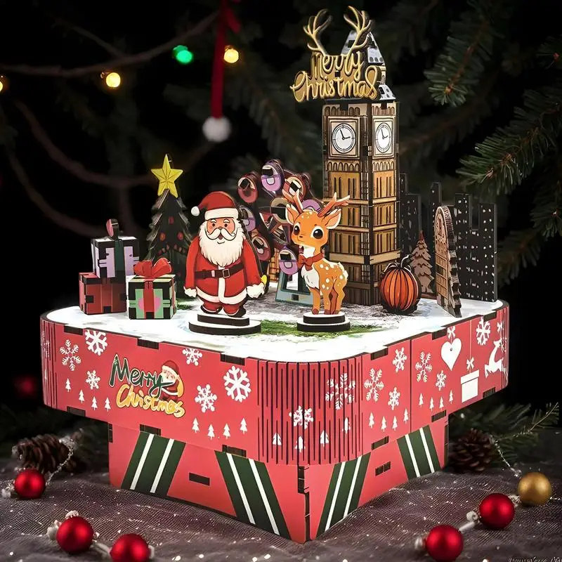 Merry Christmas Theme Music Box Carving Wooden Hand Crank Music Box Santa Claus New Year Christmas Gift for Children Friend