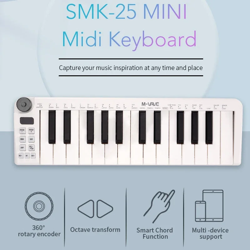 

M-vave Mini Portable MIDI Keyboard 25 Velocity Sensitive Keys SMK-25 Rechargeable Support Wireless/USB Connection 8 RGB 8 Knobs