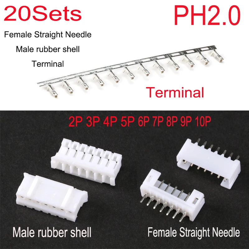 20Sets PH2.0 2MM Connector Female Straight Needle +Male Housing Case+Terminal Pins 2P/3P/4P/5P/6P/7P/8P/9P/10P  Connector