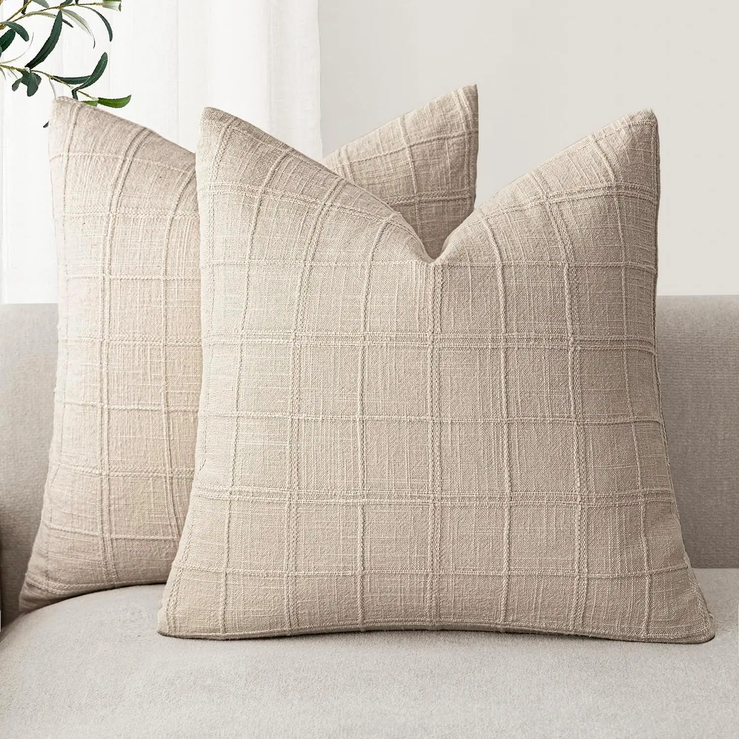 Dekorative Leinen-Kissenbezüge mit Karomuster, neutrale Bauernhaus-Vintage-Kissenbezüge, moderne Boho-Heimdekoration für Sofa, Stuhl, Couch