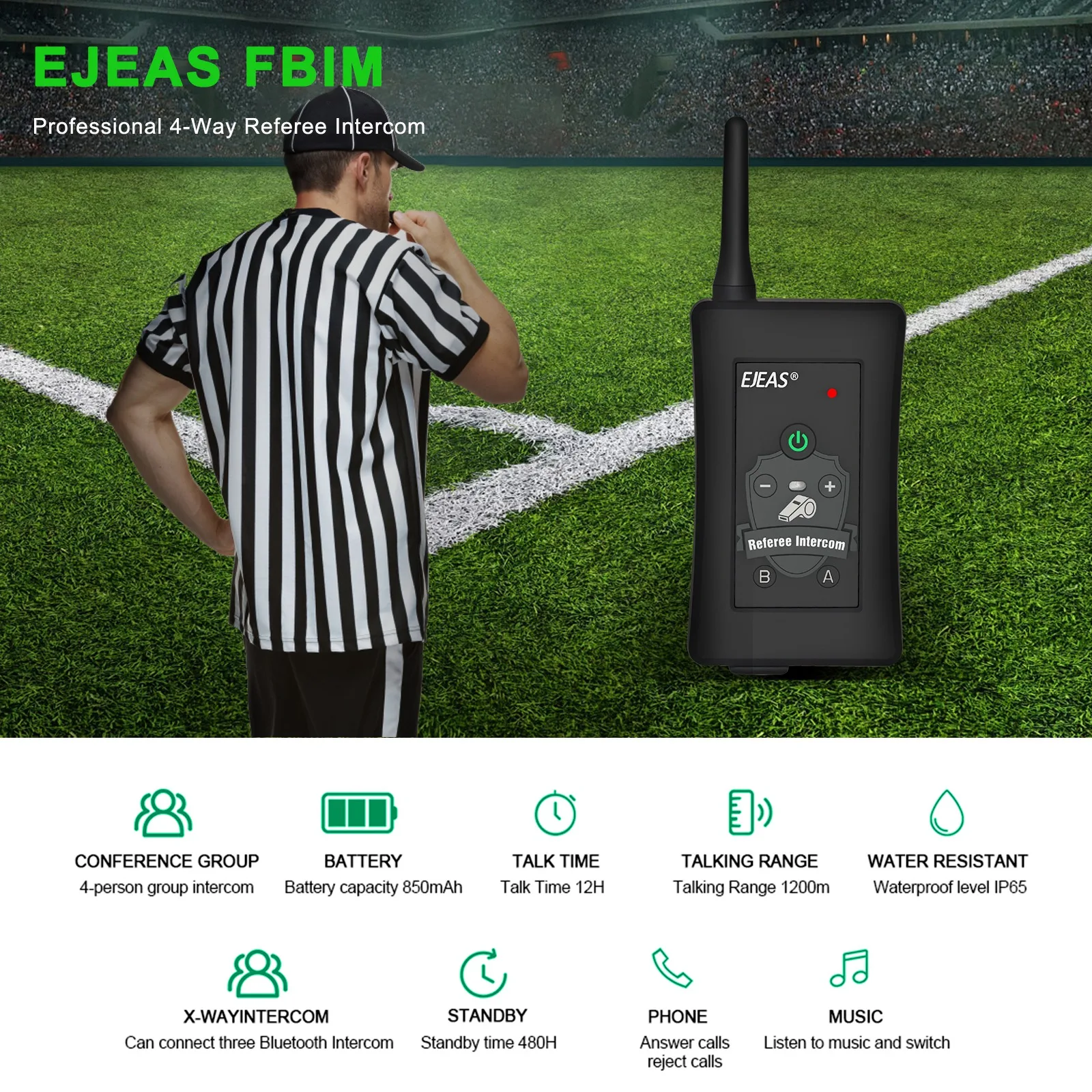 EJEAS New Product FBIM IP65 Football bluetooth Referee Intercom Full Duplex 4 Riders 1500m Referee Interphone