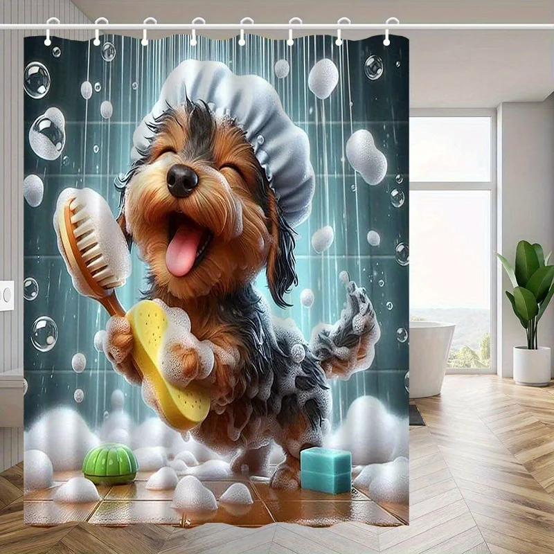 funny dog taking shower with sponge brush bubble bath shower curtain cute pet decor for bathroom home easy to care for
