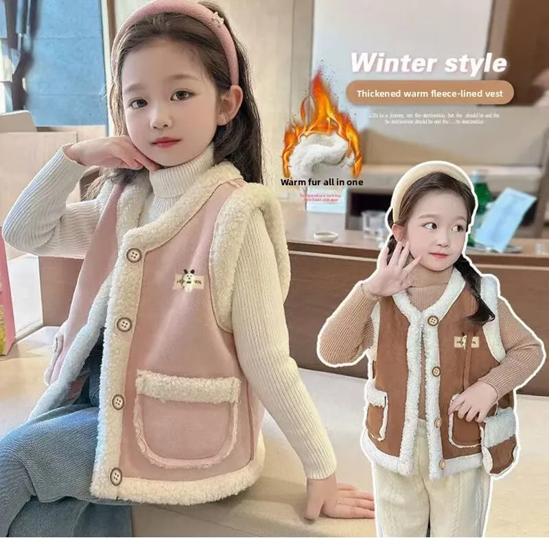 

Baby Girl Vest Autumn and Winter New Children's Style Velvet Thickened Outer Wear Fur Integrated Warm Baby Versatile Vest