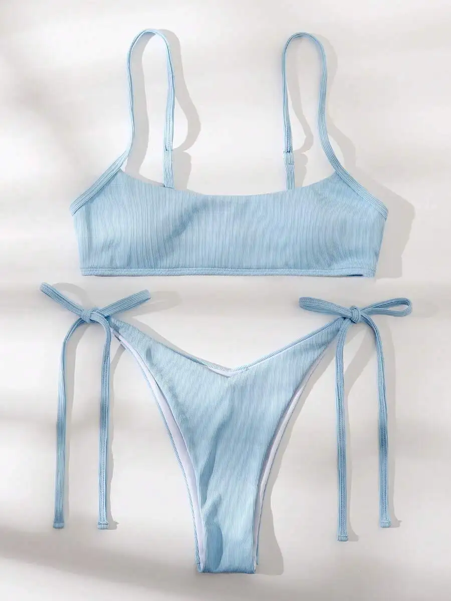 

Ribbed Bikini Set Adjustable Strap Cami Top Tie Side Thong Bottom Two Piece Swimsuit
