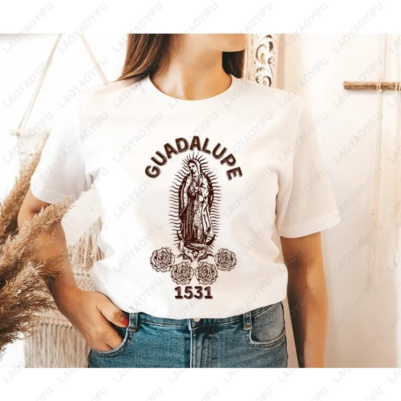 T-shirt Notre-Dame de Guadalupe, Vierge Marie, Vêtements Mariale, Hommes Femmes, Coton, Polyvalent, Loungewear, Hauts Décontractés