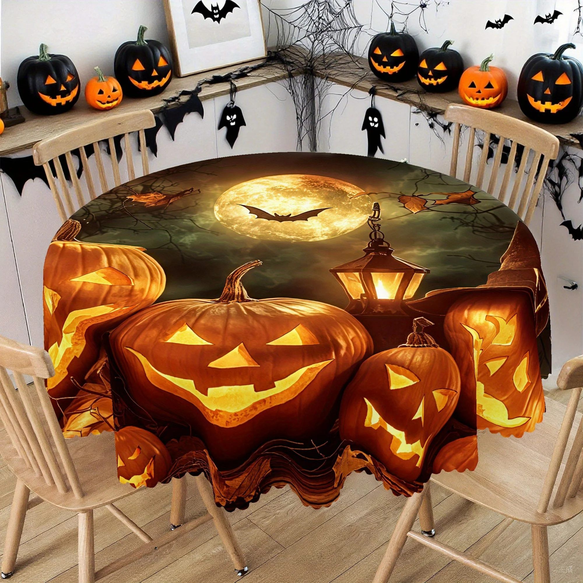 1 piece of Halloween tablecloth - featuring ghost pumpkin lanterns, bats, full moon and lantern designs zyc