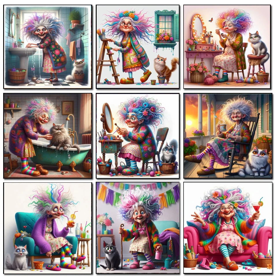 Makeup Granny And Pet Cat 5D Diamond Painting New 2024 Cartoon Grandmother Art DIY Diamond Mosaic Embroidery Cross Stitch Kits