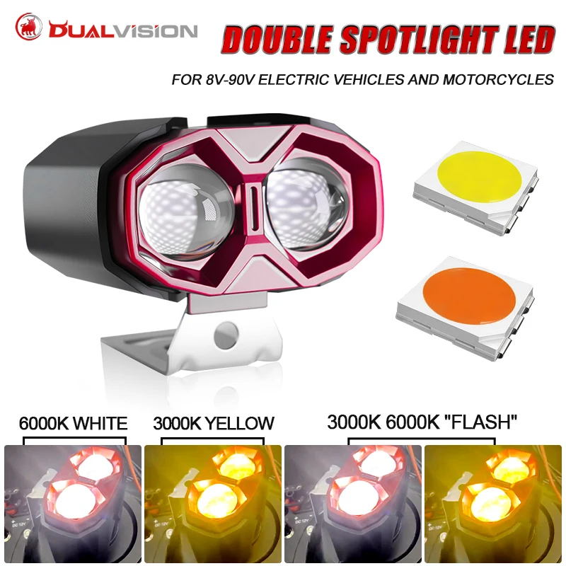 2 Lens Led Headlight Spotlights High Brighess Motorcycle Driving Light Fog Motorbike Scooter Running Lamp 12V