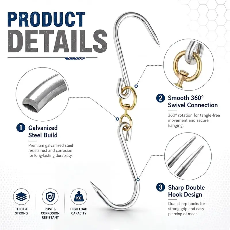 ABKO-Heavy Duty For Hanging Hook- Swiveling Meat Hooks 4-Pack, 12 Inch 8Mm Galvanized Steel Butcher Hook For Hanging Fish, Hunti
