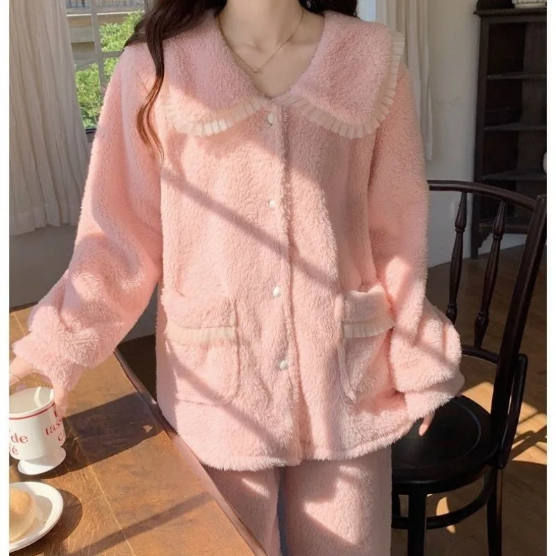 2024 New Sweet Princess Style Women\'s Pajamas Autumn Winter Coral Plush Sleepwear Warm Large Size Girls Outwear Home Wear Set