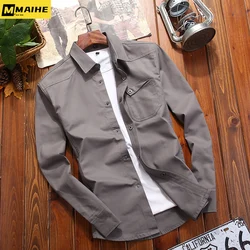 Camisa de mezclilla de algodón puro para hombre, camisa de carga de manga larga desbloqueada, Camisa ajustada diaria de oficina, ropa de otoño, marca