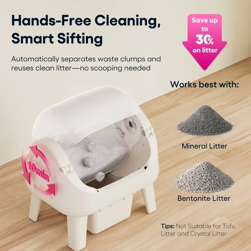 Plug-and-Use WiFi App Free PP Smart Dual Mode 8L Chamber Easy Clean Low Noise Automatic Cat Box for Multi-Cat