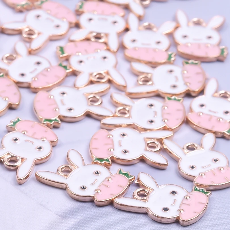 30pcs/Lot Cute White Rabbit Enamel Charms Animal Carrot Plant Food Metal Pendant For DIY Handmade Earrings Jewelry Accessories