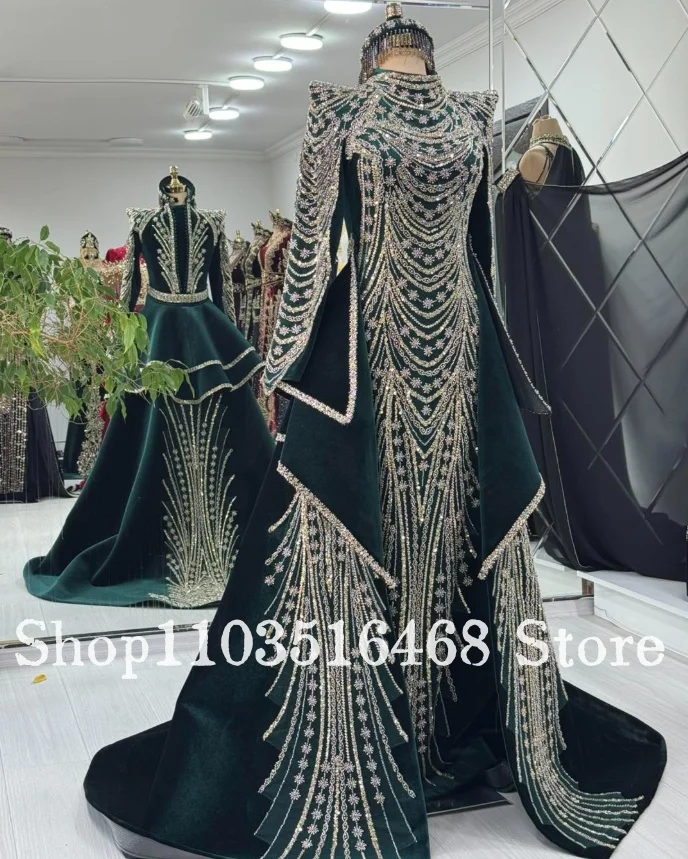 Customized Dark Green Elegant Middle Eastern Arab Wedding Dress Traditional Festive Attire Muslim Bridal Gown Algerian Moroccan