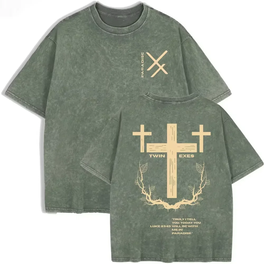 Retro Acid Wash Oversized T-Shirt mit Christlichem Kreuz und Paradies-Schriftzug, Lässiges Streetwear-T-Shirt für Männer und Frauen – Detail 8