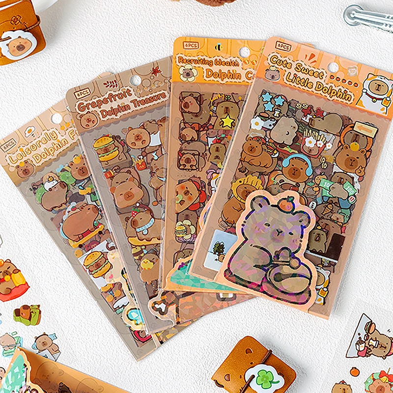 Zestaw 6 naklejek z kapybarą, wodoodporne, dekoracyjne naklejki dla dzieci, materiały do scrapbookingu, urocze naklejki do dekoracji pamiętnika.