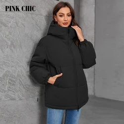 PINK CHIC 2024 New Women's Winter Short Jacket Winter Thick Hooded Cotton Coat Women's Loose Down Coat W9073