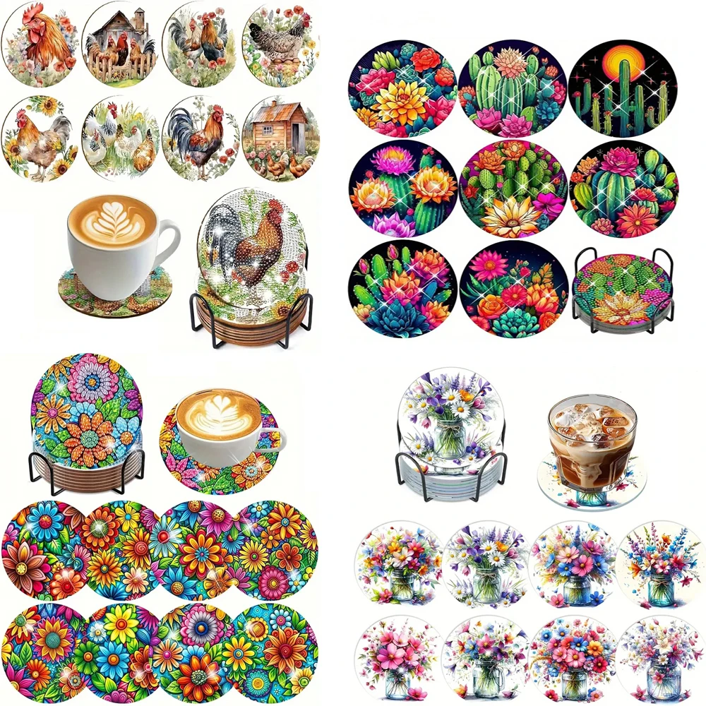 8 Pieces/Set of Animal and Flower Patterned Diamond Painted Coasters Set, Sparkling Rhinestone Heat-Resistant Beverage Mat With