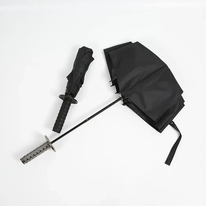 Demon Slayer Katana Umbrella Three-folding UV Black Parasol Kimetsu No Yaiba Tanjirou Ninja Katana Sword Handle Umbrella Parasol