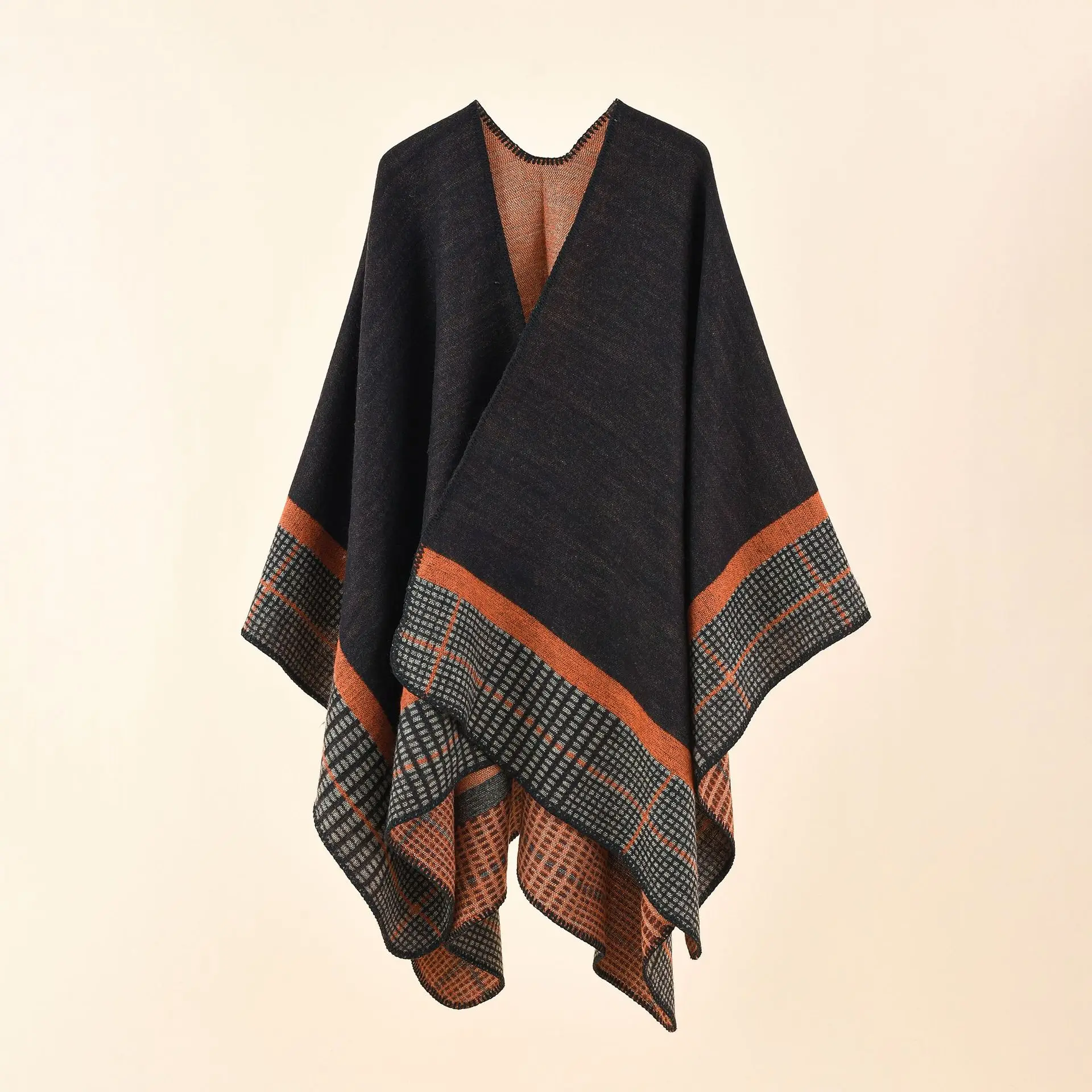 

Women's Striped Small Square Imitation Cashmere Acrylic Warm Air Conditioning Shawl Sunscreen Cloak Tourism Cloak Black