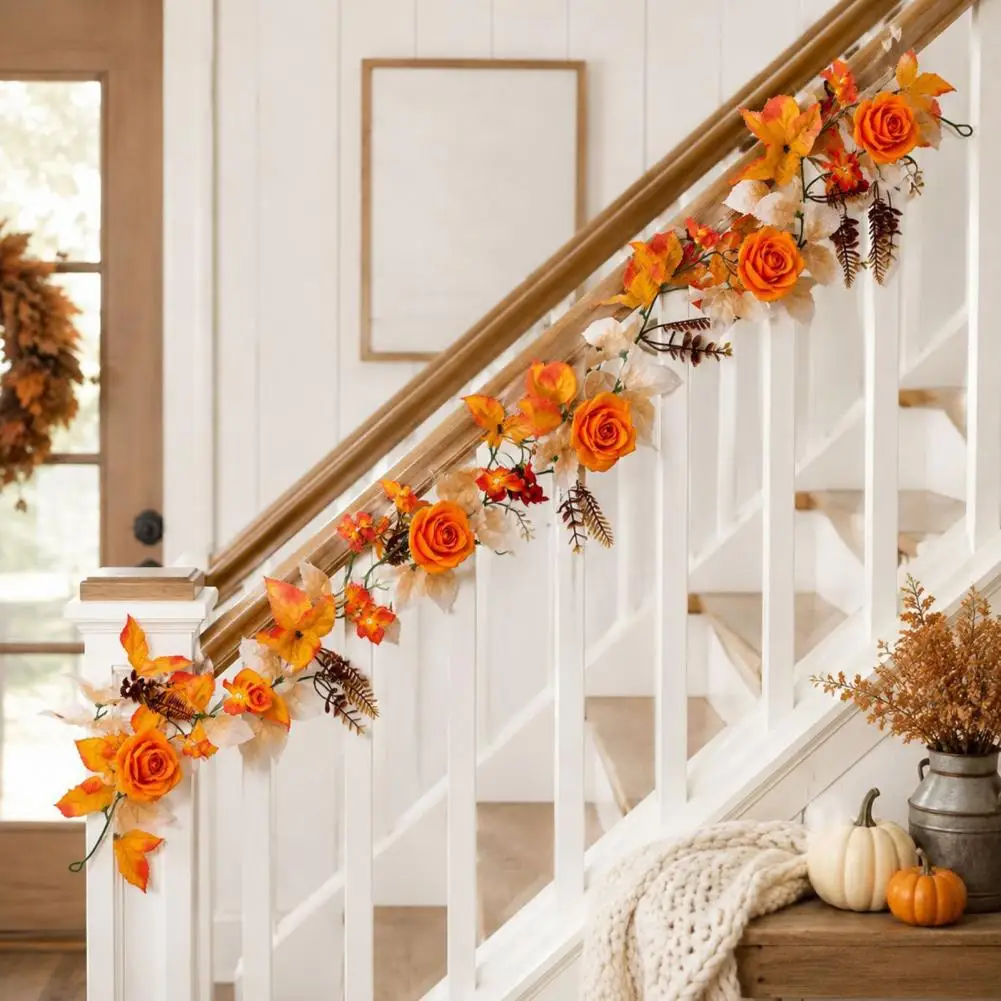 180cm Artificial Vine Hanging Door Wreath With Pumpkins Berries Maple Leaves, Halloween Garland For Autumn Harvest Decoration