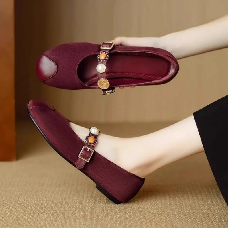 Women Round Toe Sheepskin Mary Jane Shoe Buckle Strap Low Heeled Elegant Dress Pumps Summer Autumn Genuine Leather Footwear view 4