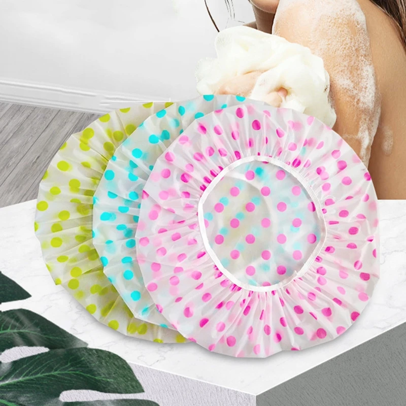 3Pcs Women Shower Cap Waterproof Wide Elastic Band Reusable Bashroom Cap Fashion Wave Point Shower Hat Bathroom Accessories