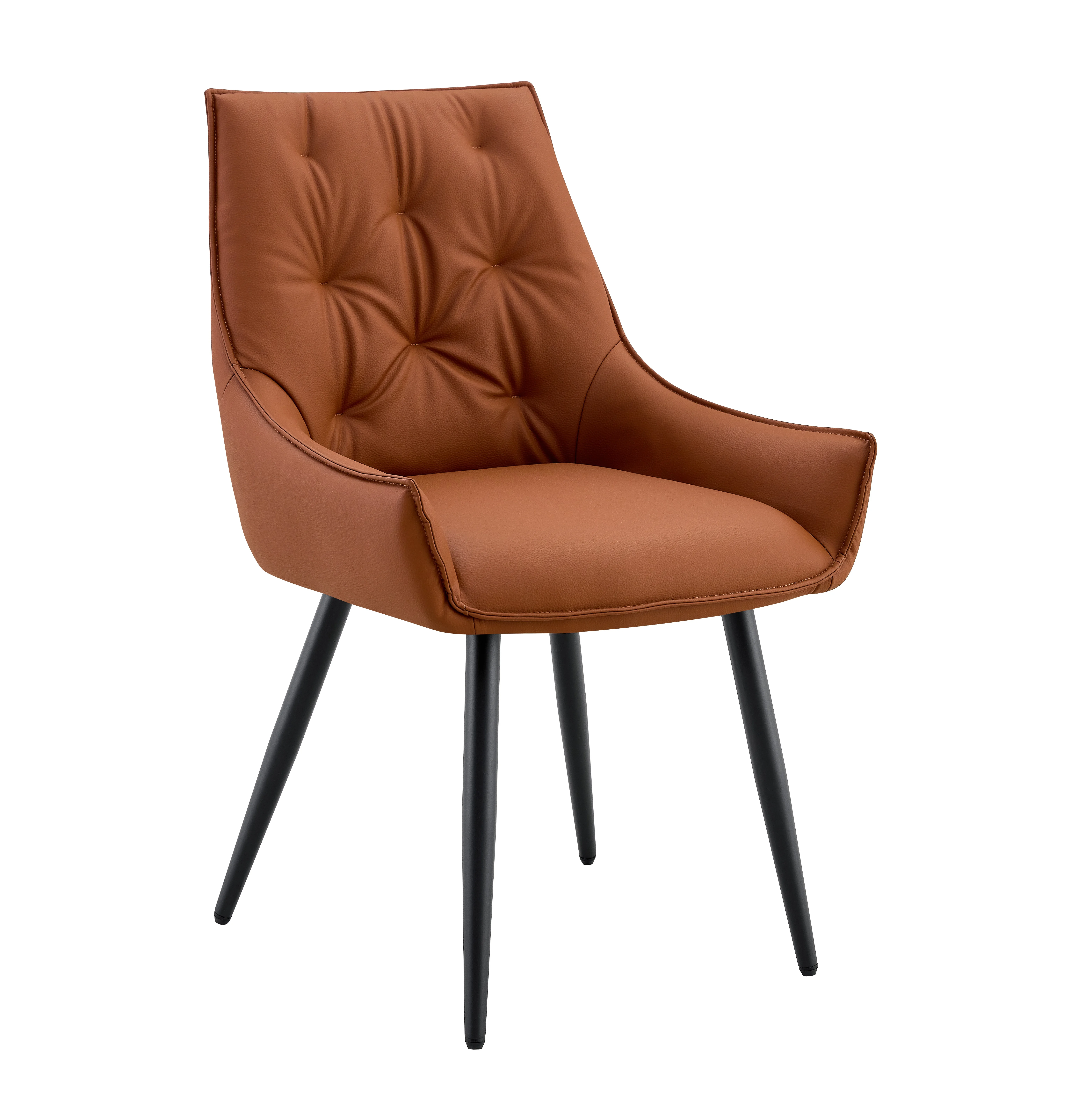 Dining Chairs Set of 2, Camel Faux Leather Upholstered Kitchen Chairs with Black Metal Legs and Gold Mesh Detail