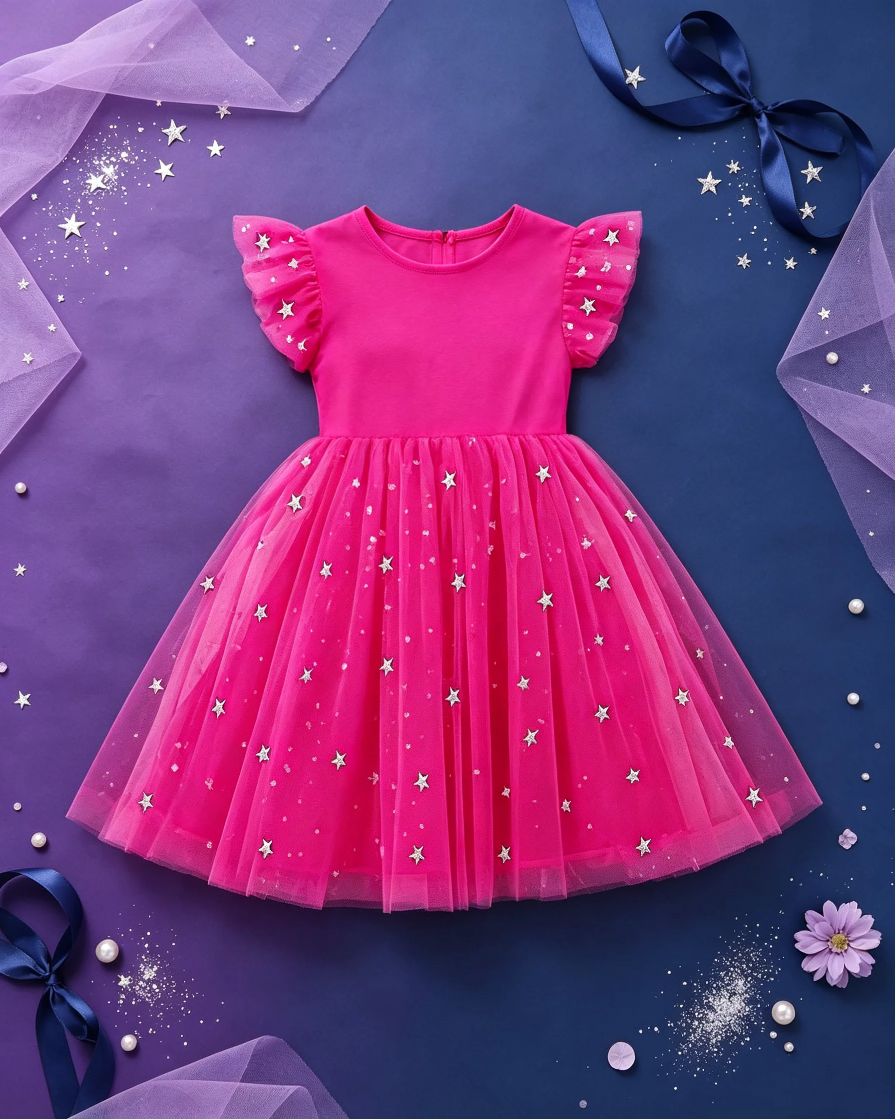 Sommerliches magentafarbenes Prinzessinnenkleid mit Sternen und Mond, eleganter und modischer Stil, beliebter Stil. – Detail 2