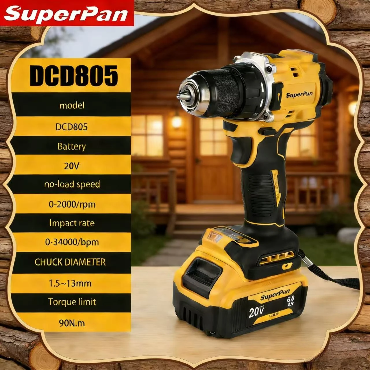 

Беспроводная дрель SuperPan SP805: Прочная бесщеточная дрель для длительного промышленного использования, совместимая с аккумулятором DeWalt 20V.