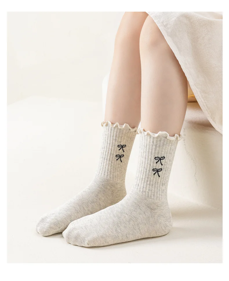4 Paar/Set Kindersocken für Mädchen, gerüschte, süße Schleifen-Mittellängensocken für Mädchen, einfarbige, vielseitige Kindersocken für Schüler, Frühling Herbst – Detail 8