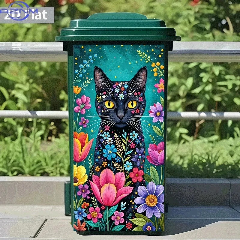 Trash Can Sticker[Title Translated, Do Not Change] Black Cat Flower Theme Design Wall Sticker Self-Adhesive Wallpaper Kitchen