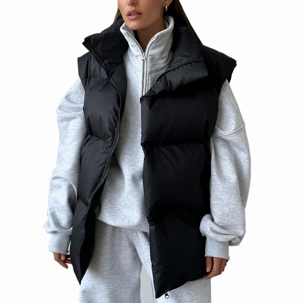 여성용 아우터웨어 캐주얼 조끼 다운 패딩 코튼 퀼팅 슬리브리스 퍼프 루즈 출퇴근용 패딩 겨울 방한 조끼