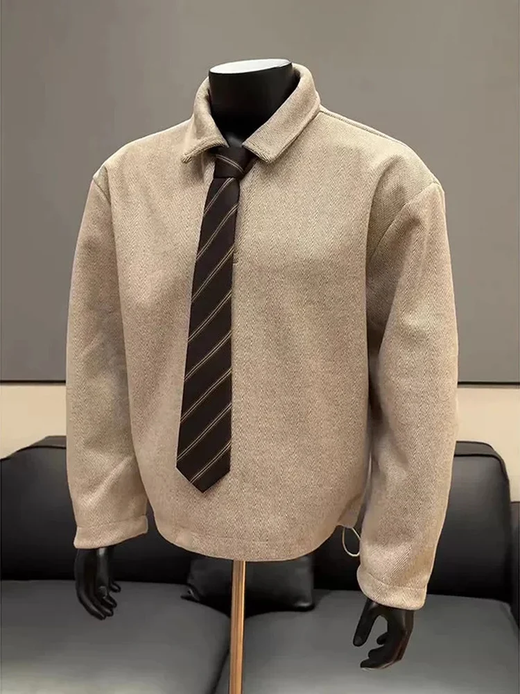 Textured  Shirt Long Sleeve Sweatshirt Men Casual Spring Autumn American Retro Style Necktie Pattern CleanFit Style