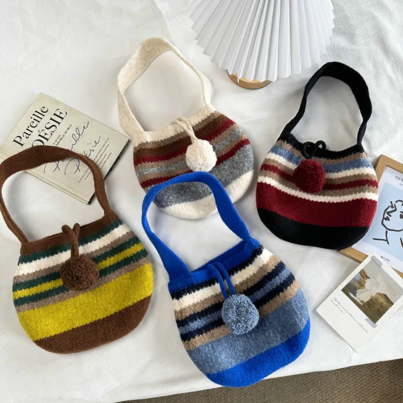 Retro Y2K Fur Ball Tassel Handbag Winter American Casual Fashion Women's Contrasting Color Jacquard Knitted Armpit Bag
