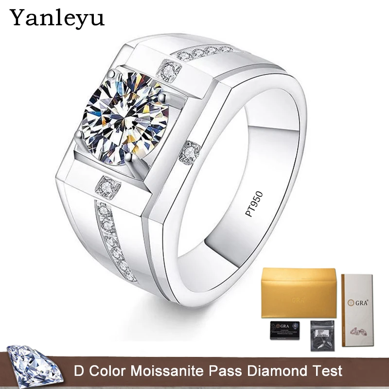 Yanleyu Luxury Shiny 1CT Moissanite Diamond Solitaire Marriage Rings for Men Original PT950 Platinum Engagement Fine Jewelry