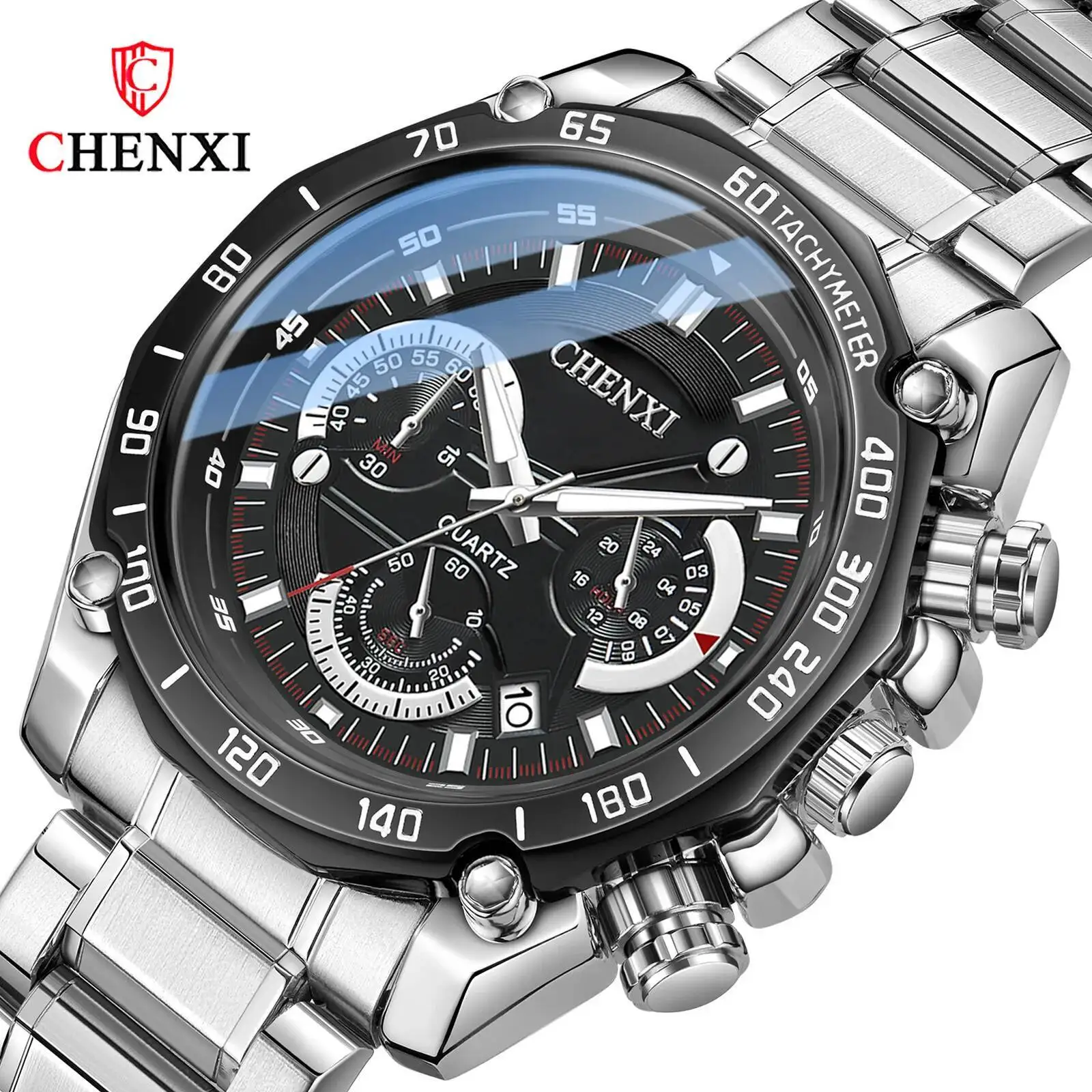 CHENXI 929A montre à Quartz pour hommes multifonction chronographe calendrier étanche bracelet en acier inoxydable montres de sport décontractées pour homme