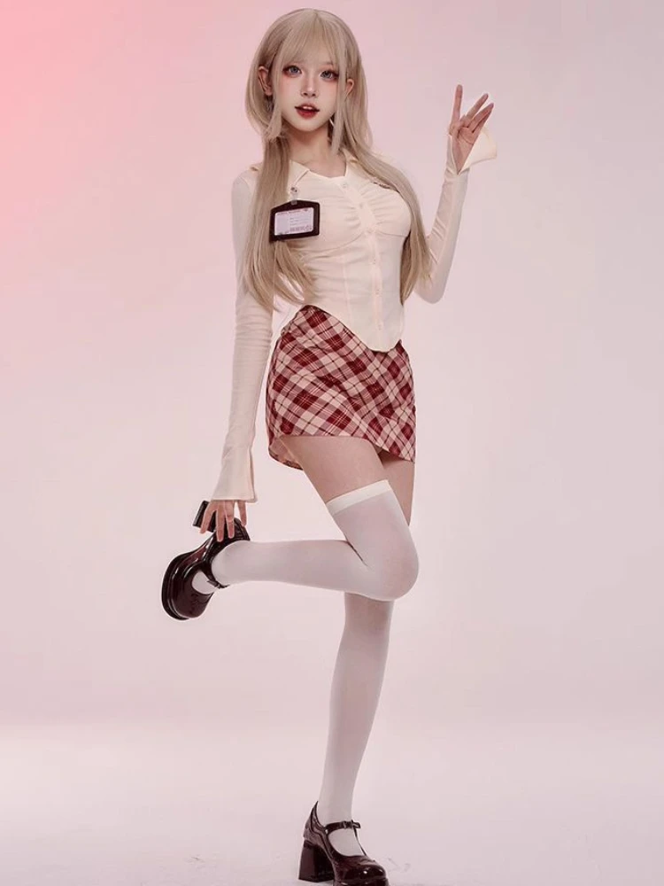 2023 Autumn Japanese Style Kawaii Clohting Slim Casual Bouse + Red Plaid Y2k Mini Skirt Party Cute Fashion 2 Piece Sets Woman