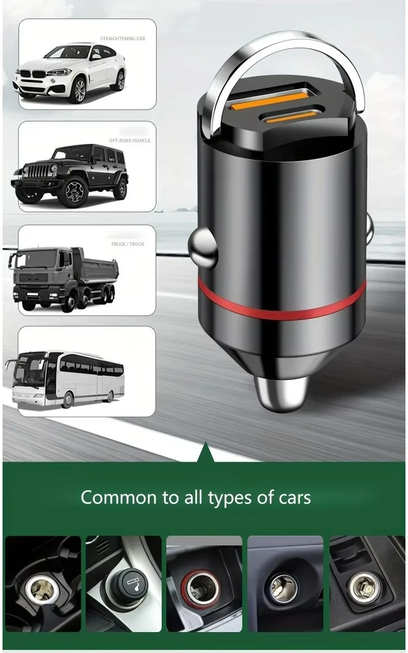 Mini Car Charger Pd Type C Fast Charging Is Suitable for Iphone, Samsung, Xiaomi, Huawei, Oppo and Other Mobile Phones; Hidden Dual-Port Cigarette Lighter Charger for Car Use