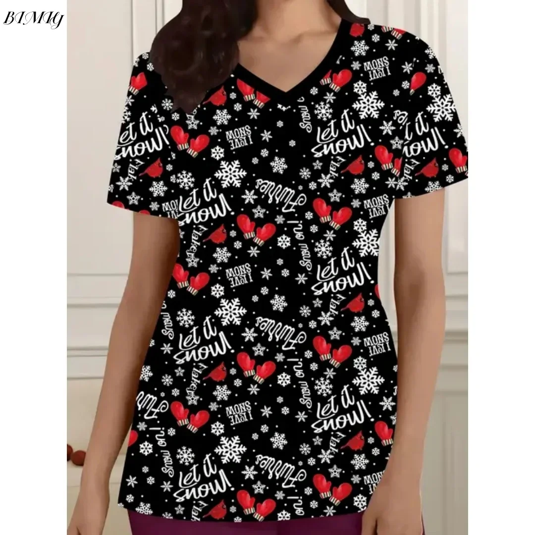 Праздничный рождественский уродливый топ с v-образным вырезом и карманами с принтом Санта-Клауса, удобная женская униформа медсестры, женская одежда с короткими рукавами