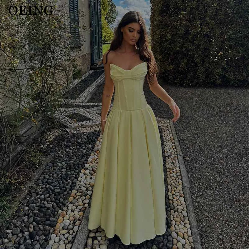 

OEING Simple Yellow A-Line Prom Dresses Strapless Sleeveless Party Gowns Lace-Up Back Floor Length Evening Dresses Customized