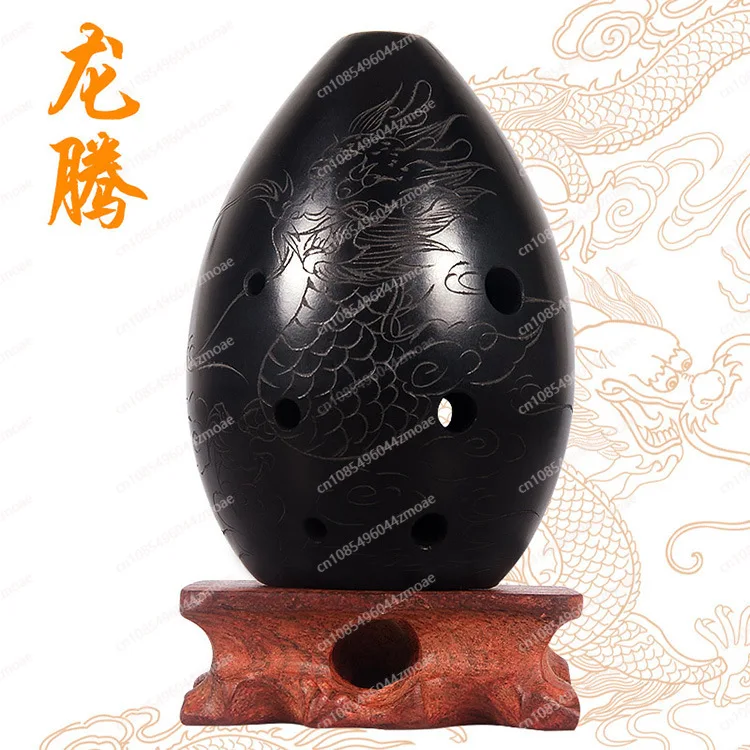 8-Hole Pear-Shaped Black Pottery Xun, Traditional Chinese Folk Wind Instrument for Student Beginner Learning & Performance
