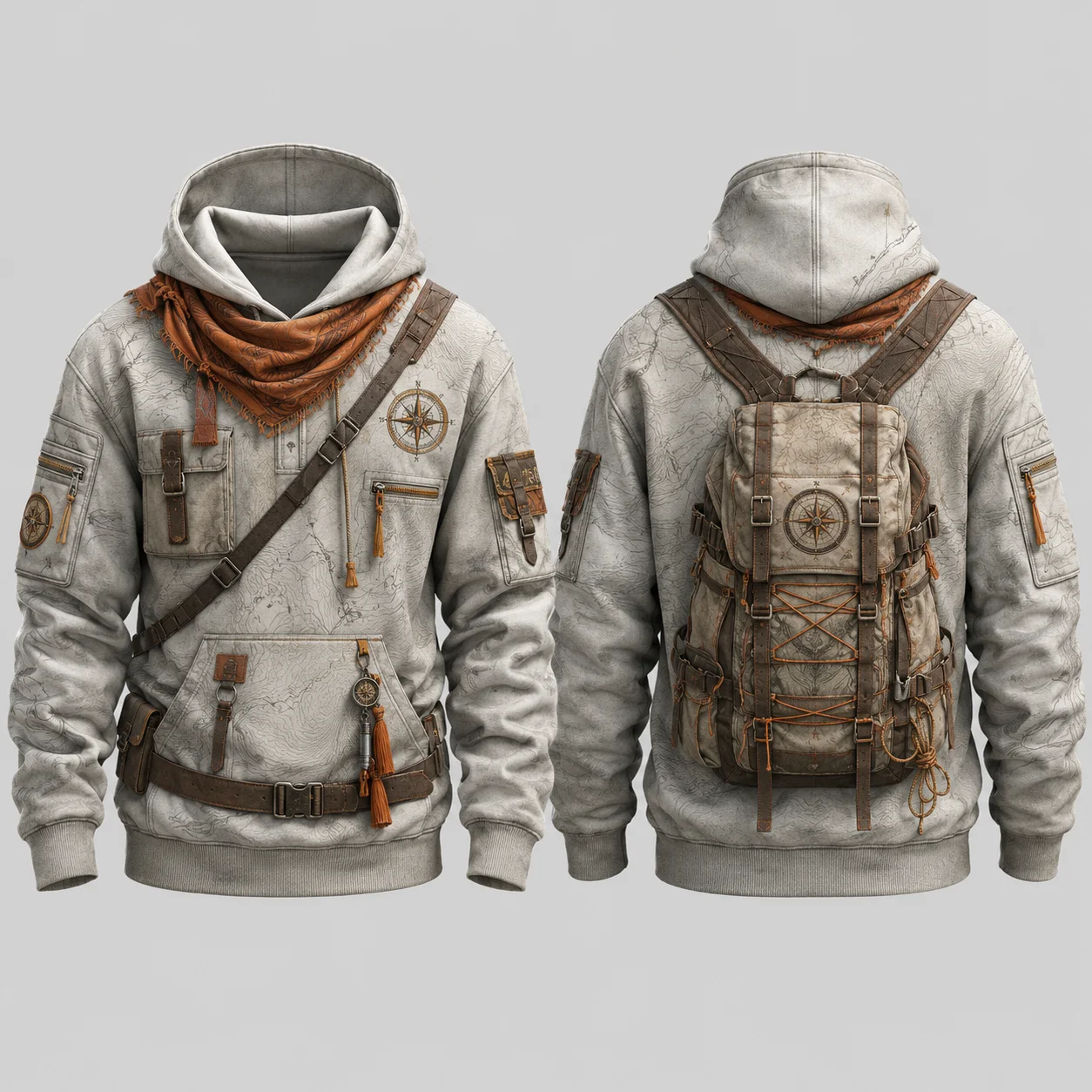Vintage Tactical Explorer Hoodie Men White Gray Orange 3D Sublimation Print Flat Graphic Pullover Sweatshirt Outdoor Streetwear
