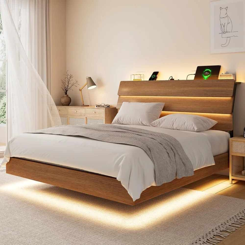 Marco de cama flotante Queen de metal con luces LED y estación de carga,  cama de plataforma con cabecera de almacenamiento de madera, Sla de acero  resistente / Muebles para niños, image size:1000x1000