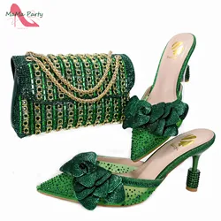 Elegant New Design 2024 Winter Design Italian Women Shoes and Bag Set in Green Color High Quality Pointed Toe For Party