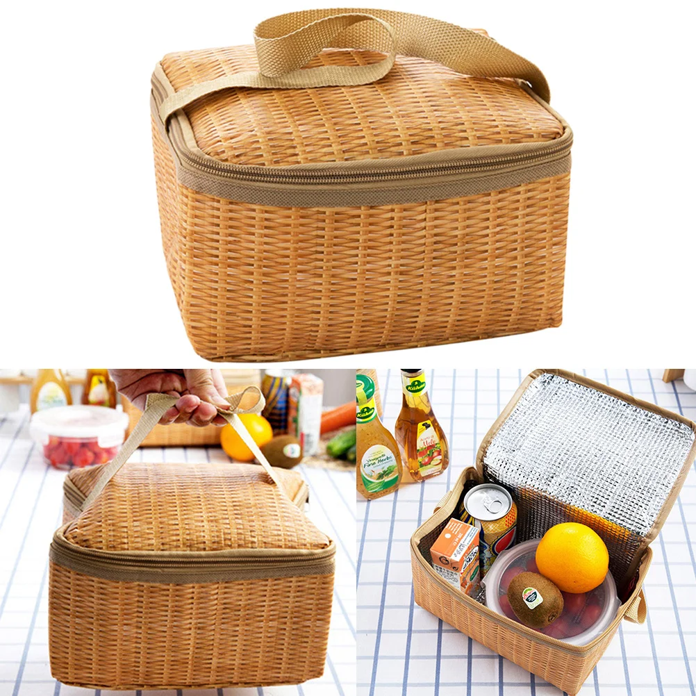 

Large Capacity Lunch Bag Premium Imitation Rattan Design Thermal Insulated Waterproof for Outdoor Holiday Dinner