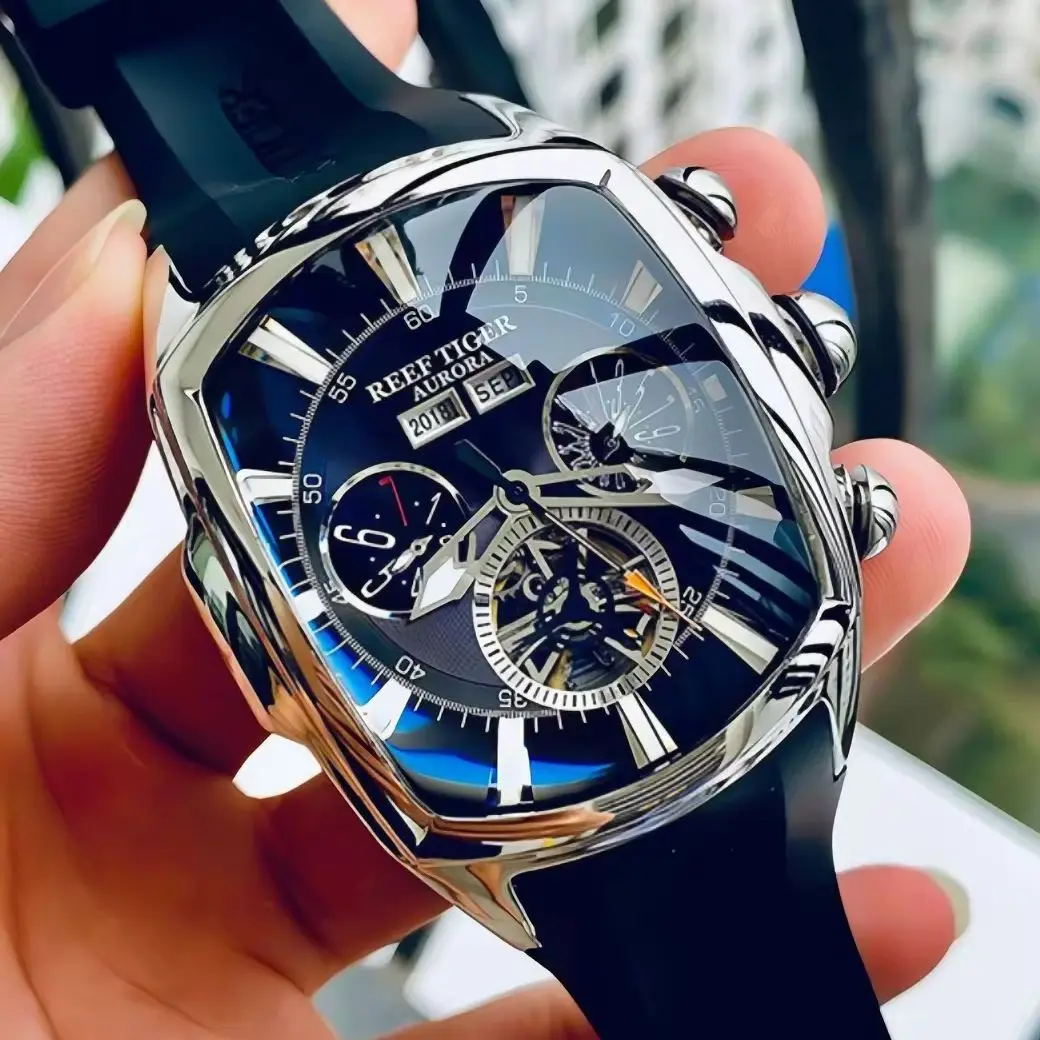 Reef Tiger Herren Automatikuhr Tonneau Armbanduhr Leuchtend Wasserdicht Ewiger Kalender Mehrere Zifferblätter Jahr Monat Woche Datum
