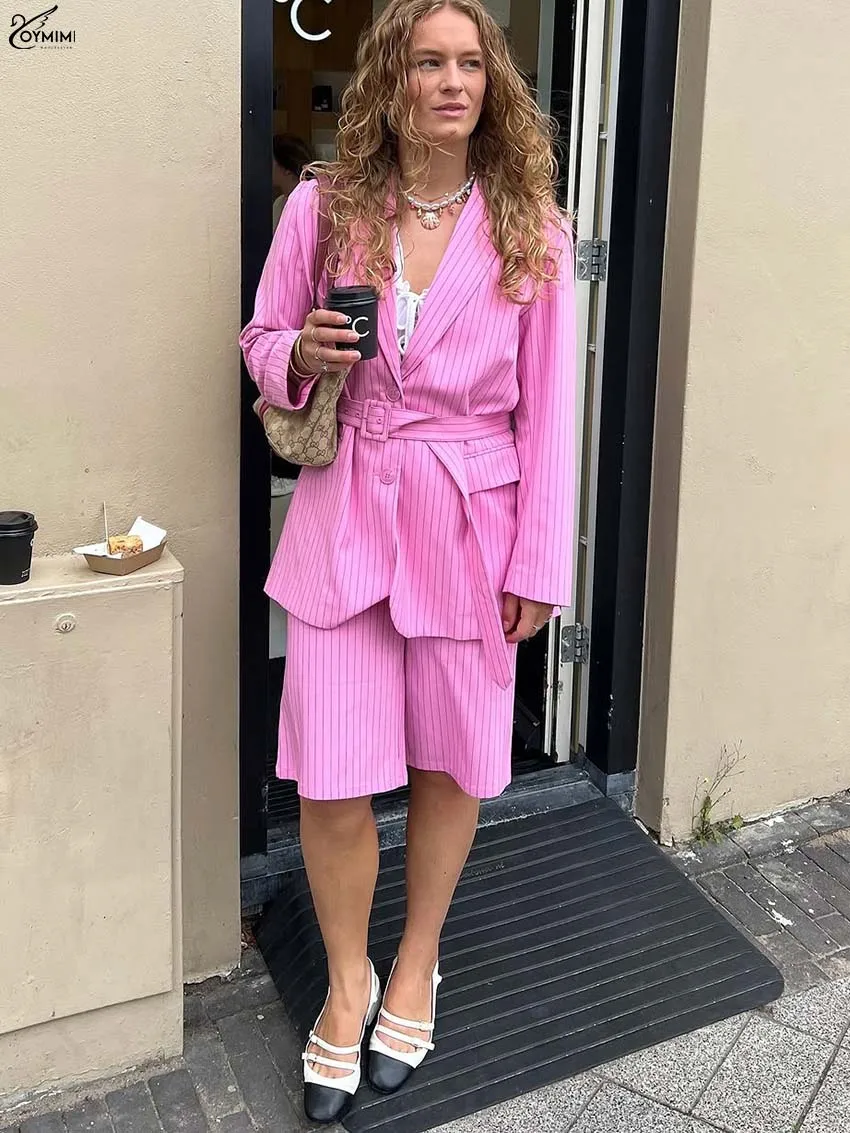 

Элегантный розовый комплект Oymimi с принтом для женщин: модная рубашка с длинным рукавом на шнуровке и пуговицах + шорты до колен с высокой талией